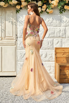 Champagne Lace Mermaid Prom Dress with Appliques
