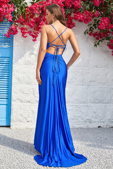 Mermaid Royal Blue Satin Beading Prom Dress with Slit