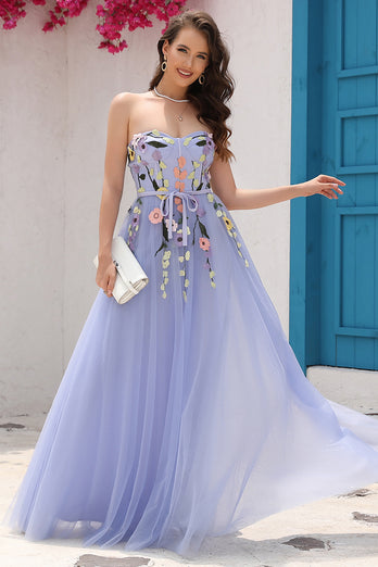 A Line Strapless Lavender Princess Prom Dress with Appliques