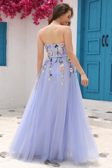 A Line Strapless Lavender Princess Prom Dress with Appliques