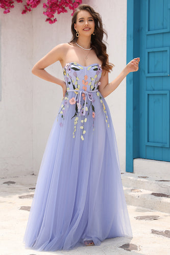 A Line Strapless Lavender Princess Prom Dress with Appliques