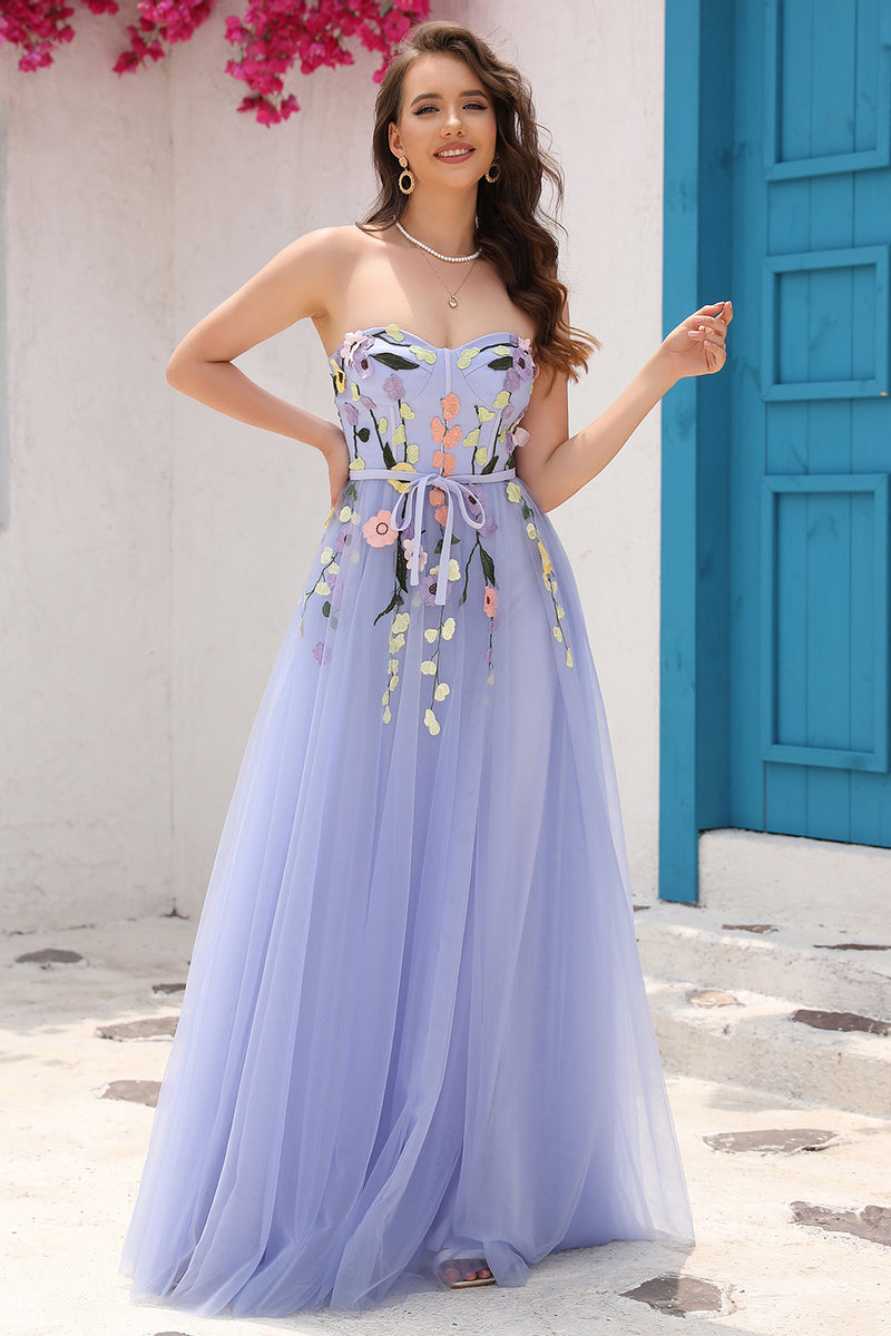 Load image into Gallery viewer, A Line Strapless Lavender Princess Prom Dress with Appliques