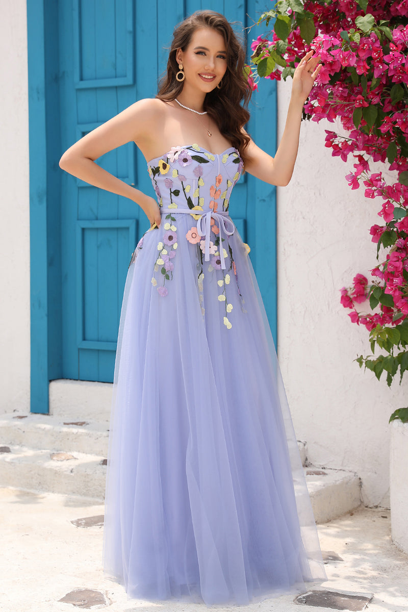 Load image into Gallery viewer, A Line Strapless Lavender Princess Prom Dress with Appliques