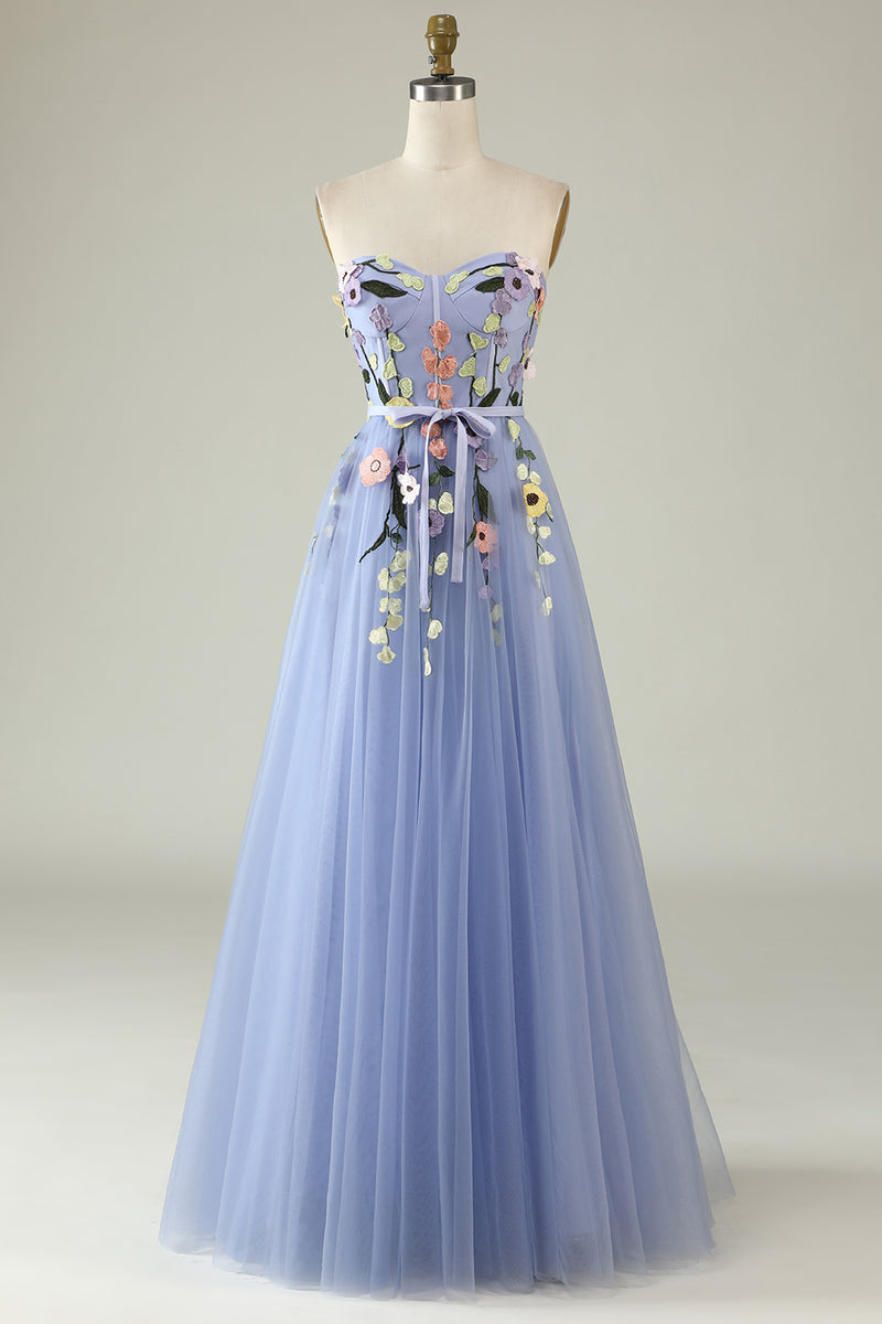 Load image into Gallery viewer, Lavender A Line Strapless Princess Prom Dress with Appliques