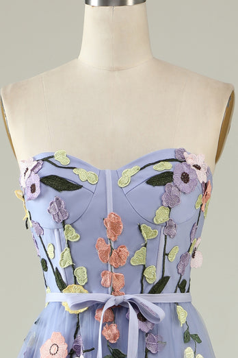 Lavender A Line Strapless Princess Prom Dress with Appliques