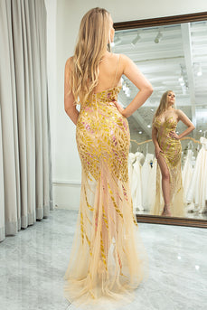 Sparkly Mermaid Golden Spaghetti Straps Sequins Long Prom Dress with Split