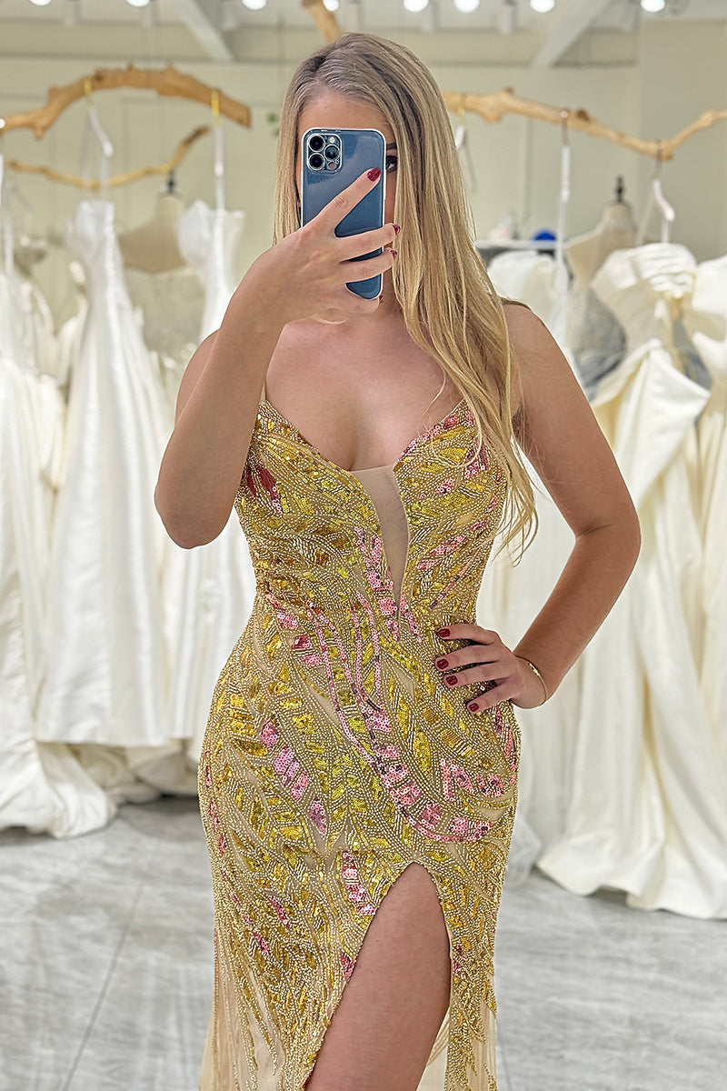 Load image into Gallery viewer, Sparkly Mermaid Spaghetti Straps Golden Sequins Long Prom Dress with Split