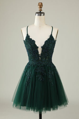 A Line Spaghetti Straps Dark Green Short Prom Dress with Criss Cross Back