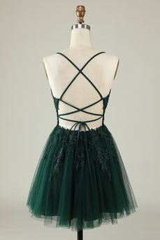 A Line Spaghetti Straps Dark Green Short Prom Dress with Criss Cross Back