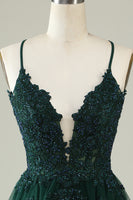 Load image into Gallery viewer, A Line Spaghetti Straps Dark Green Short Prom Dress with Criss Cross Back