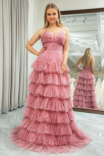 A-Line Spaghetti Straps Pink Print Tiered Long Prom Dress
