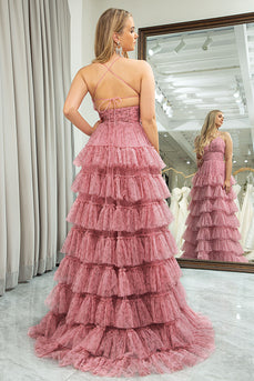 A-Line Spaghetti Straps Pink Print Tiered Long Prom Dress
