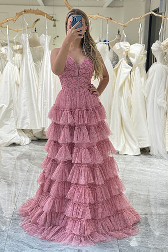 Pink Print A-Line Spaghetti Straps Tiered Long Prom Dress