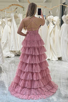 Load image into Gallery viewer, Pink Print A-Line Spaghetti Straps Tiered Long Prom Dress
