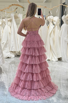 Pink Print A-Line Spaghetti Straps Tiered Long Prom Dress