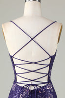 Load image into Gallery viewer, Sparkly Sheath Spaghetti Straps Dark Purple Short Graduation Dress with Criss Cross Back