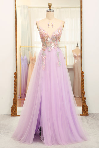 Lilac A Line Spaghetti Straps Long Prom Dress with Appliques
