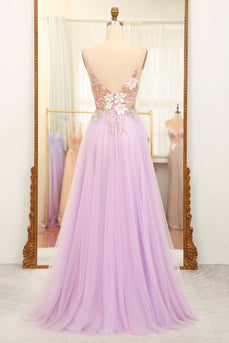 Lilac A Line Spaghetti Straps Long Prom Dress with Appliques
