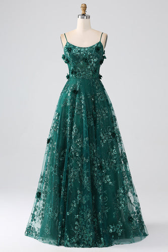 Glitter Dark Green Spaghetti Straps Lace Flower Long Corset Prom Dress