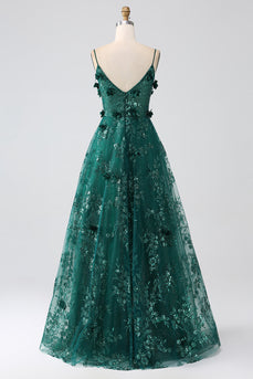 Glitter Dark Green Spaghetti Straps Lace Flower Long Corset Prom Dress