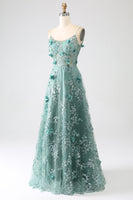 Load image into Gallery viewer, Glitter Dark Green Spaghetti Straps Lace Flower Long Corset Prom Dress