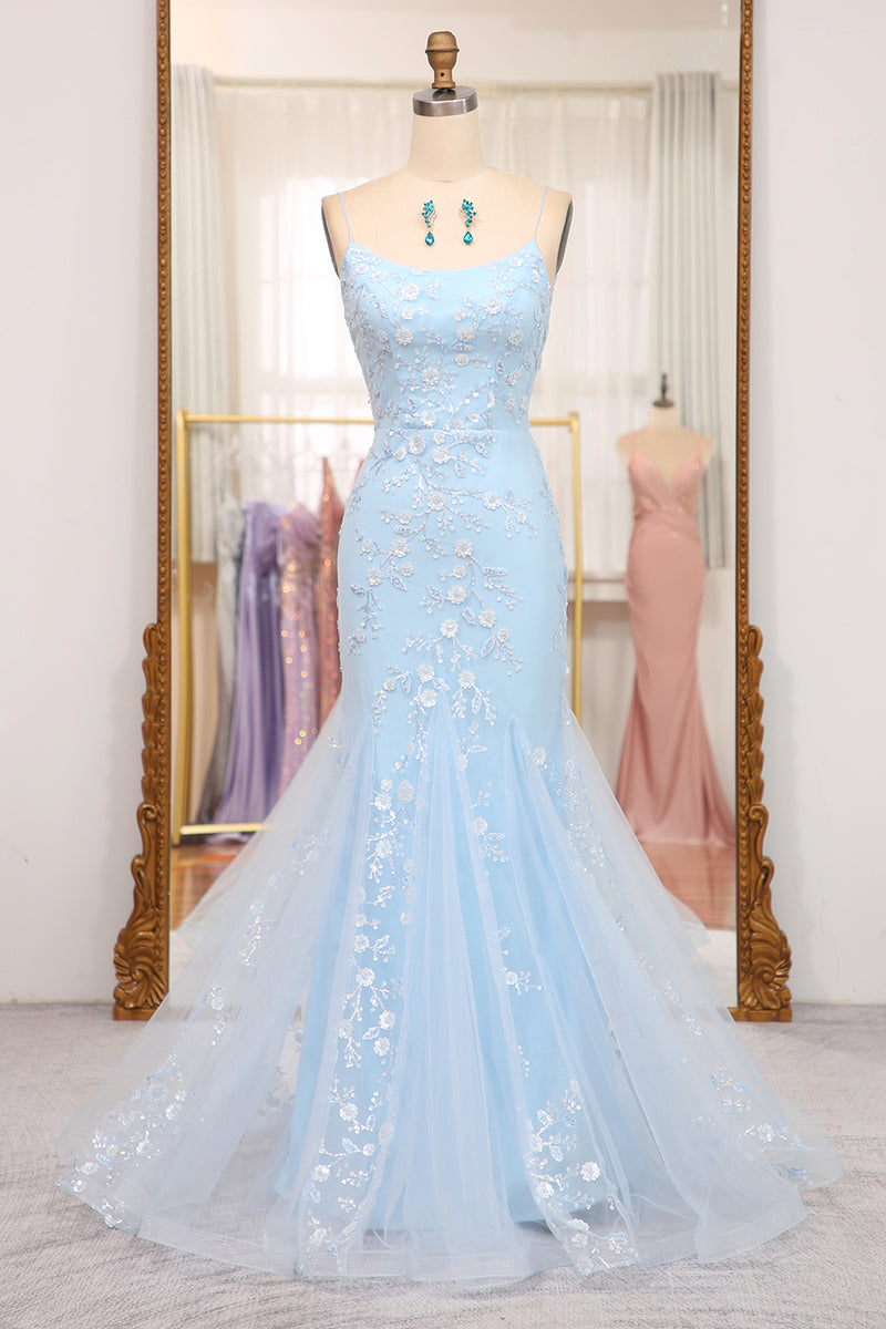 Load image into Gallery viewer, Blue Mermaid Spaghetti Strap Beaded Prom Dress