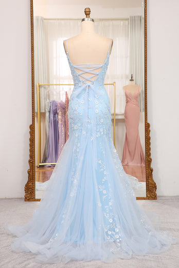 Blue Mermaid Spaghetti Strap Beaded Prom Dress
