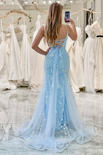Mermaid Blue Spaghetti Strap Beaded Long Prom Dress