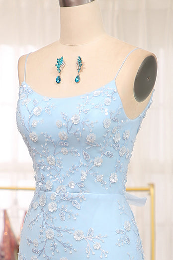 Blue Mermaid Spaghetti Strap Beaded Prom Dress