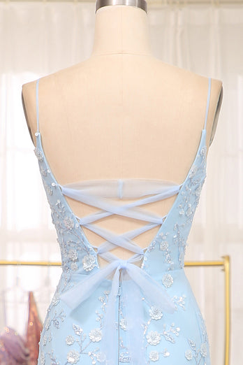 Blue Mermaid Spaghetti Strap Beaded Prom Dress
