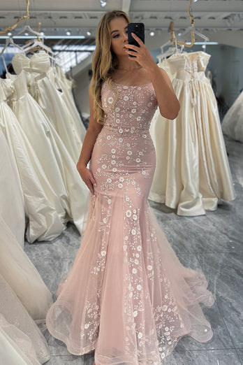 Mermaid Blush Spaghetti Straps Beaded Prom Dress