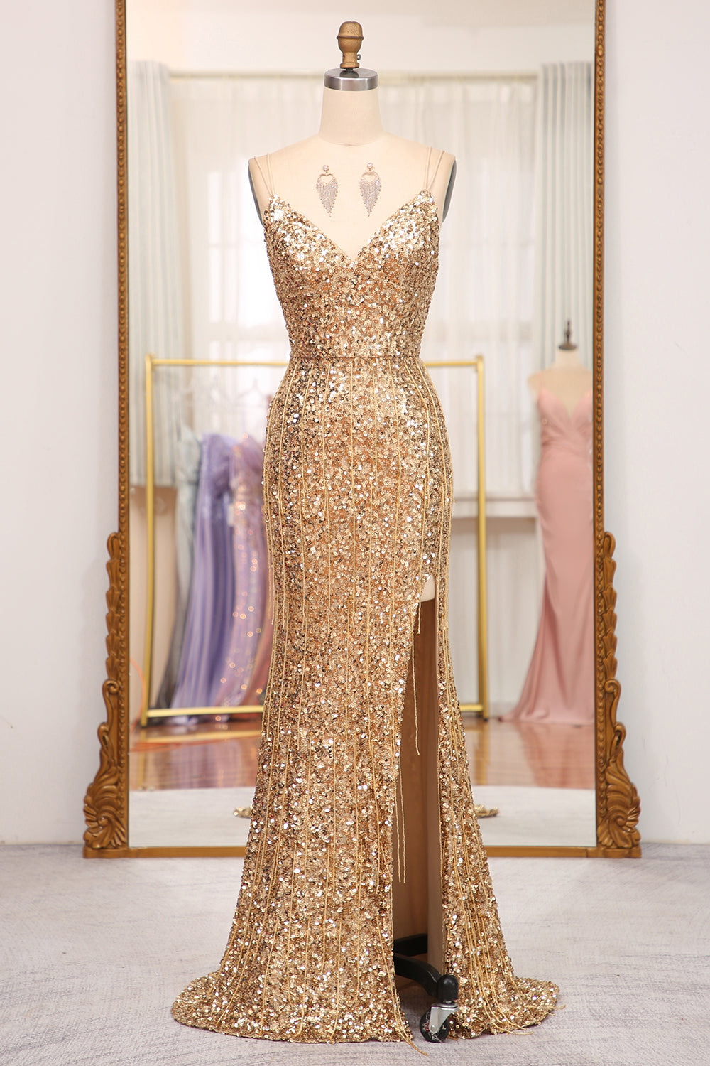 Sparkly Golden Mermaid Long Prom Dress with Slit