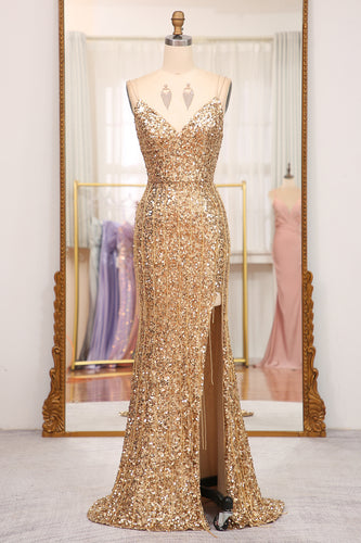 Sparkly Golden Mermaid Long Prom Dress with Slit
