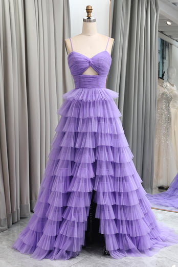A Line Spaghetti Straps Tulle Long Tiered Prom Dress