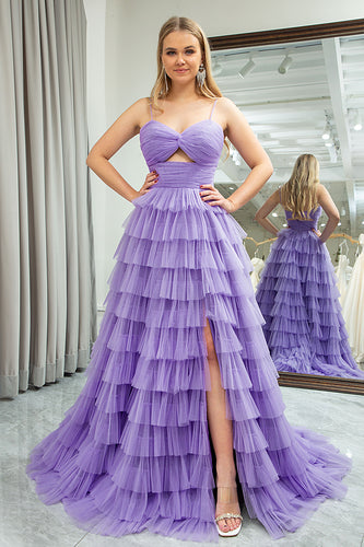 Purple A Line Spaghetti Straps Tulle Long Tiered Prom Dress with Slit