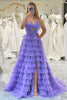 Load image into Gallery viewer, Purple A Line Spaghetti Straps Tulle Long Tiered Prom Dress
