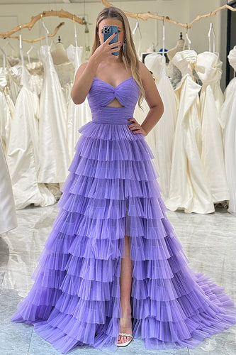 Purple A Line Spaghetti Straps Tulle Long Tiered Prom Dress