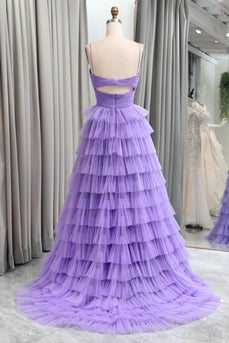 A Line Spaghetti Straps Tulle Long Tiered Prom Dress