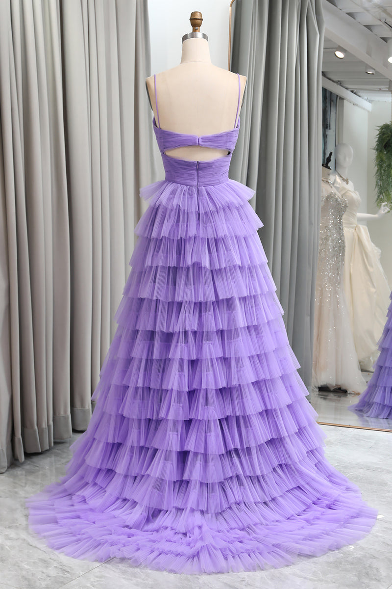 Load image into Gallery viewer, A Line Spaghetti Straps Tulle Long Tiered Prom Dress