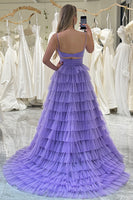 Load image into Gallery viewer, Purple A Line Spaghetti Straps Tulle Long Tiered Prom Dress
