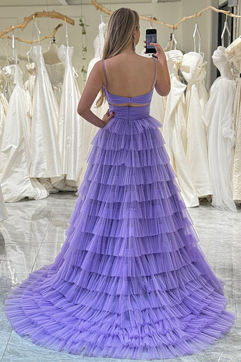 Purple A Line Spaghetti Straps Tulle Long Tiered Prom Dress