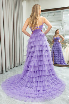 Purple A Line Spaghetti Straps Tulle Long Tiered Prom Dress with Slit