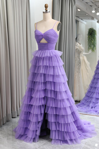 A Line Spaghetti Straps Tulle Long Tiered Prom Dress