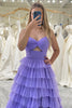 Load image into Gallery viewer, Purple A Line Spaghetti Straps Tulle Long Tiered Prom Dress