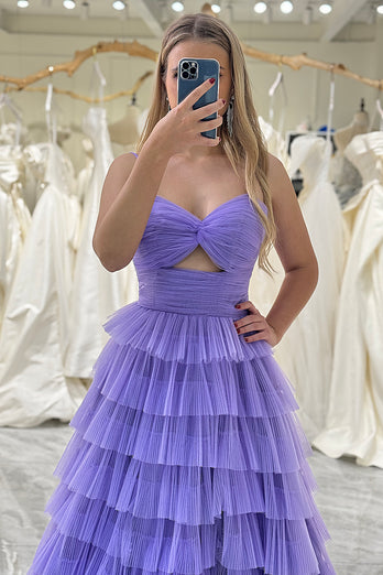 Purple A Line Spaghetti Straps Tulle Long Tiered Prom Dress