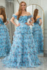 Load image into Gallery viewer, Blue Printed A-line Convertible Off the Shoulder Long Tiered Prom Dress