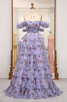 Load image into Gallery viewer, A-line Lavendar Printed Convertible Off the Shoulder Long Tiered Prom Dress