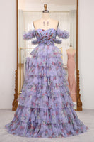 Load image into Gallery viewer, A-line Blue Printed Convertible Off the Shoulder Long Tiered Prom Dress