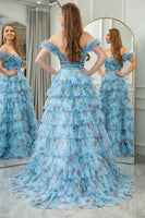 Load image into Gallery viewer, Blue Printed A-line Convertible Off the Shoulder Long Tiered Prom Dress