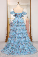 Load image into Gallery viewer, A-line Blue Printed Convertible Off the Shoulder Long Tiered Prom Dress